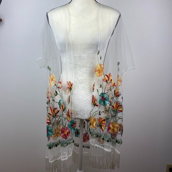 Tops - Sheer Floral Embroidered Kimono